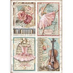 Rýžový papír Housle, růže, balerina a noty Stamperia A4
