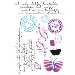 Šablona plastová Poštovní známky a motýl 21x29,7 cm Stamperia