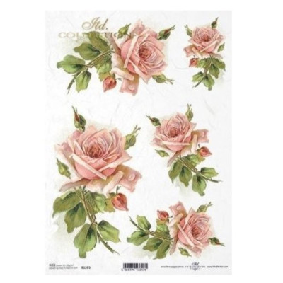 Rýžový papír růžové růže s kapkou rosy A4 na dekupáž