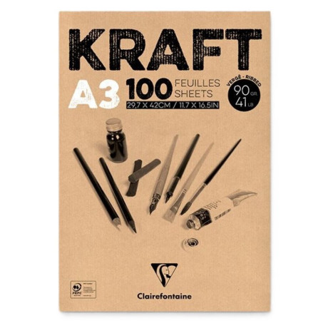 Clairefontaine Skicák A3 Kraft 90g/m² 100 listů Lepený, přírodní hnědý papír