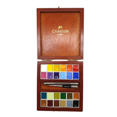Charvin Paris Akvarelové barvy Extra Fine dřevěný box hnědý sada 24x1,5 ml