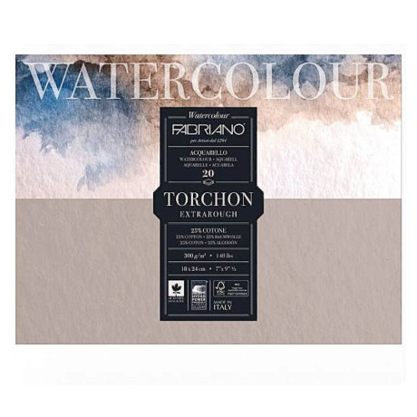 Fabriano Blok na akvarel Torchon 300g/m² EXTRA ROUGH 25% Bavlna lepený 23x30,5cm 20 listů Extra Rough