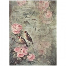 Rýžový papír A4 ptáčci na vetvičce s růžemi růžovými 21x29,7 cm