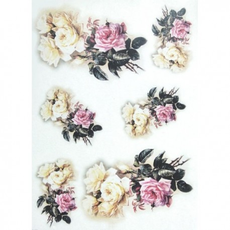 Rýžový papír A4 kytice růžových a krémových růží 21x29,7 cm