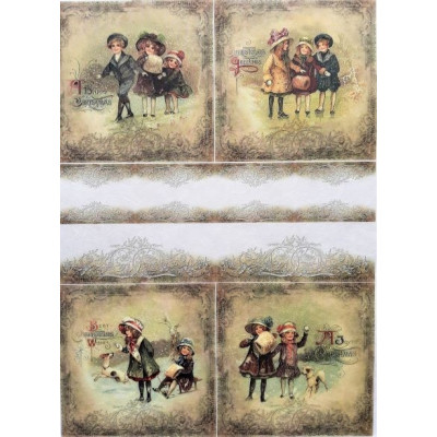 Rýžový papír Retro Děti v kabátcích a pejsek A4