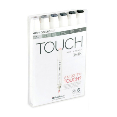 Touch Twin Marker Brush sada štětečkových oboustranných fixů 6 kusů šedé odstíny